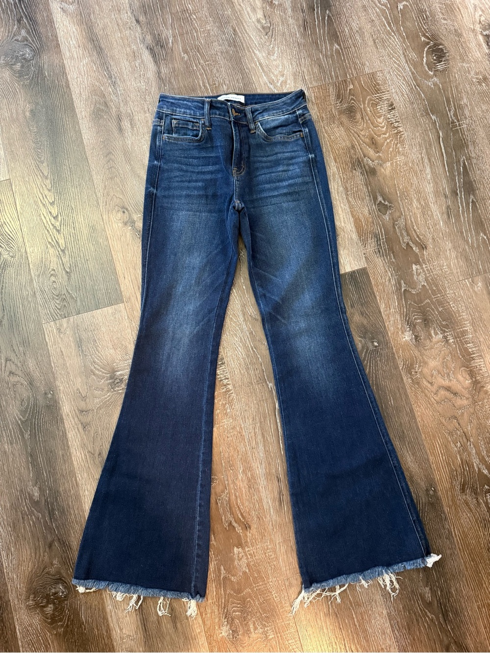 Flying Monkey Dark Blue High-Rise Flare Jeans with Frayed Hem